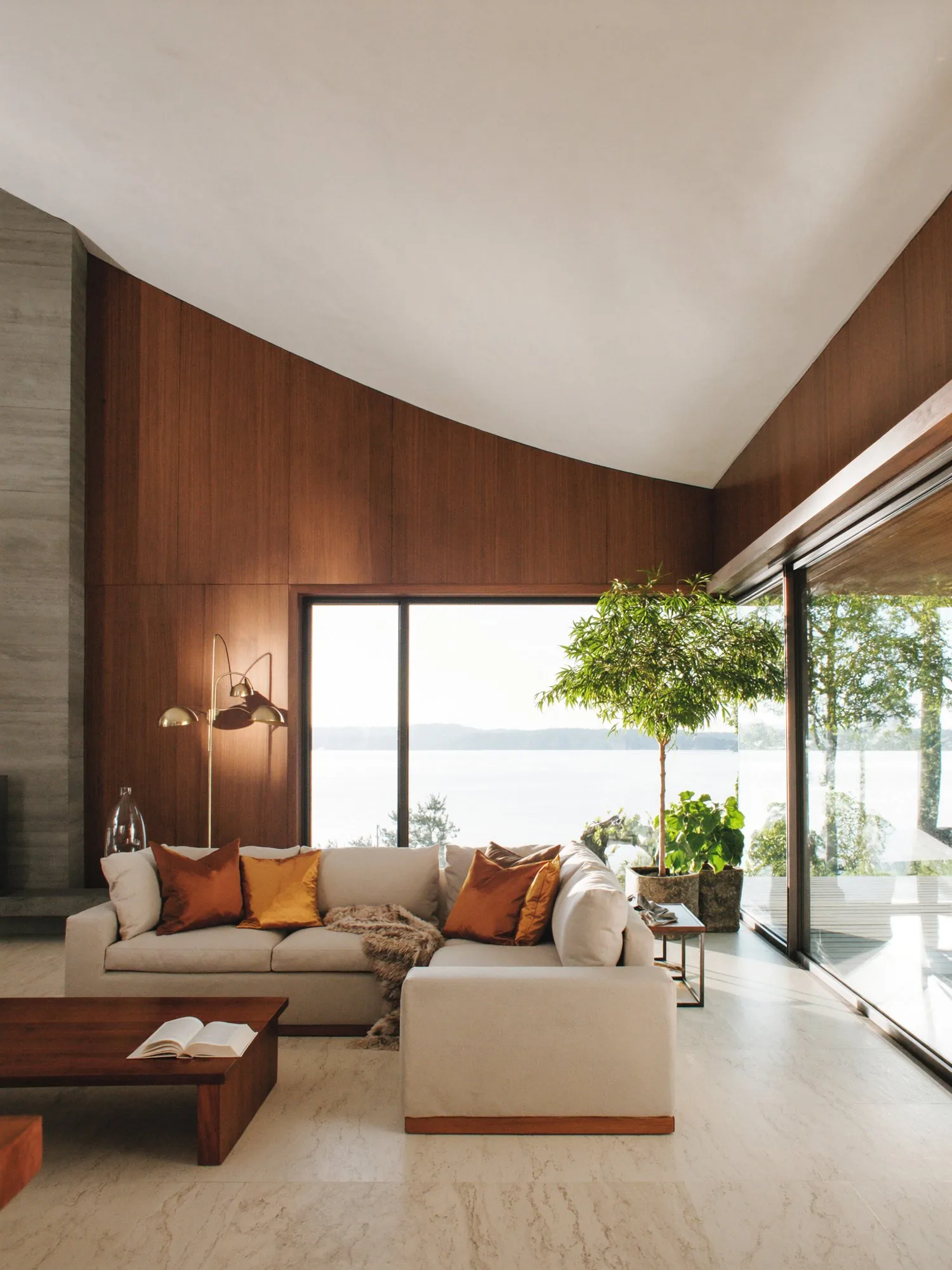 Bright luxury residential interior with lakeview