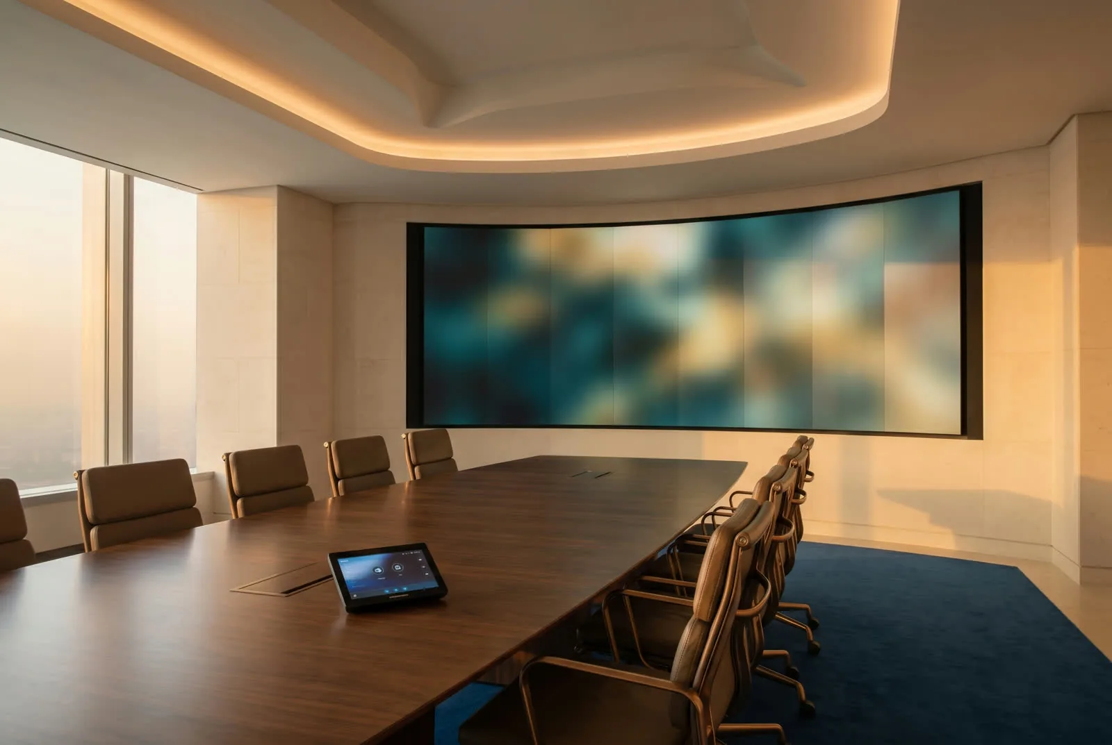 Corporate boardroom with Crestron control panel and video wall