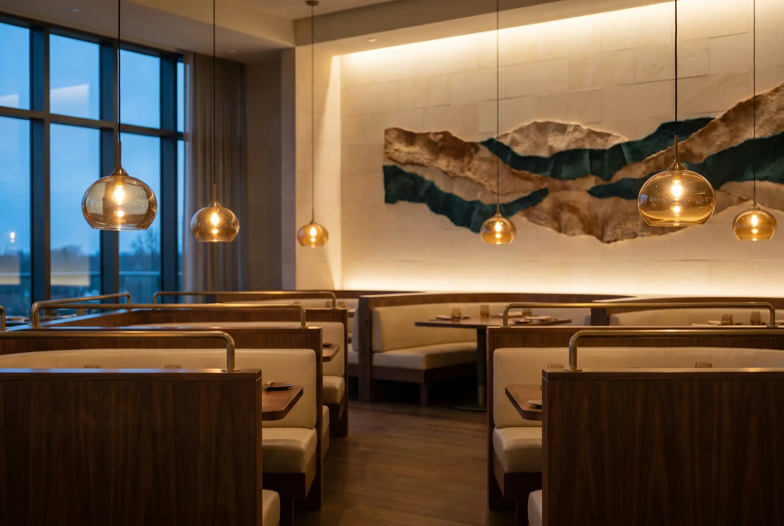 Upscale restaurant interior with warm ambient lighting scene