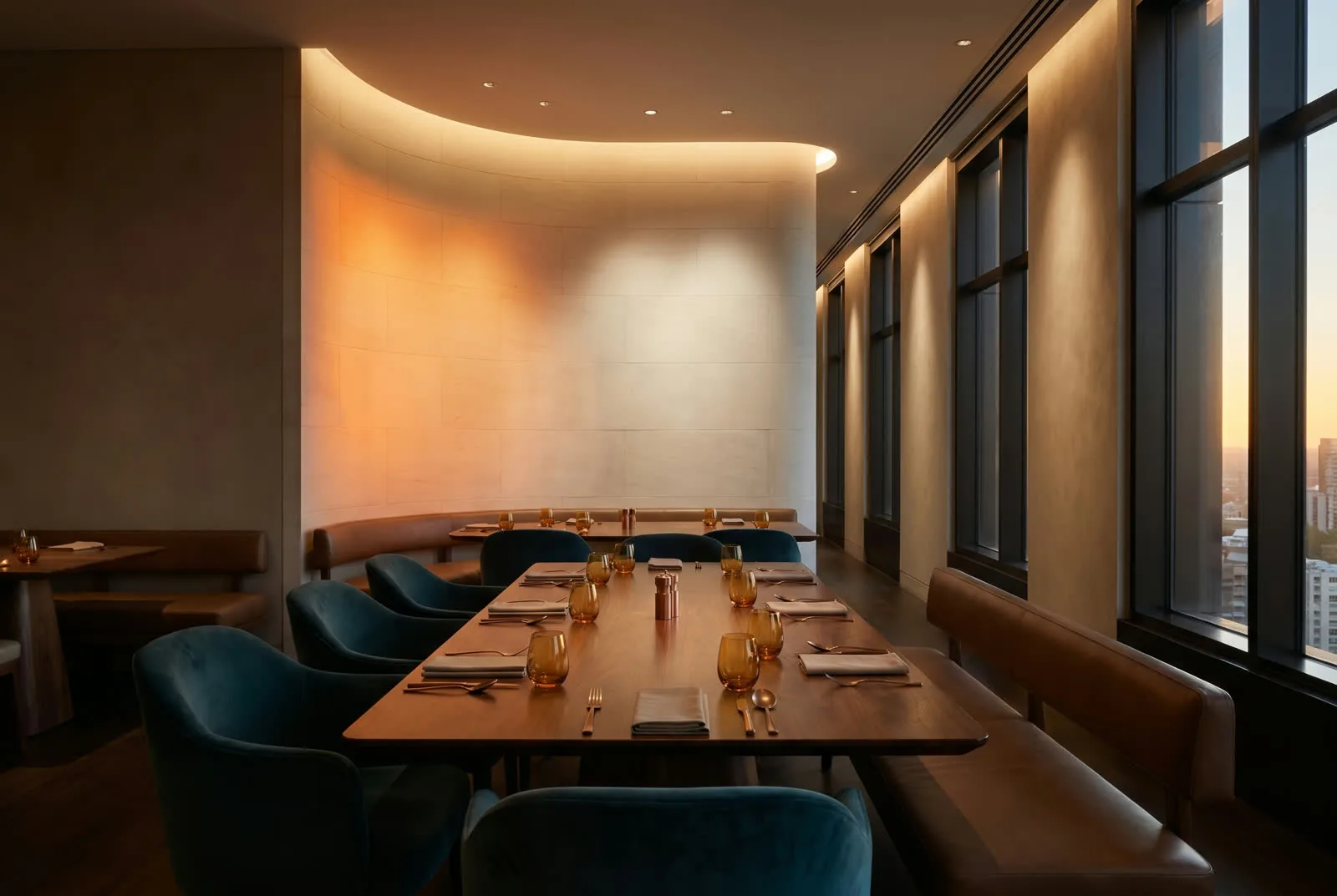 Architectural dining lounge with layered tunable-white lighting