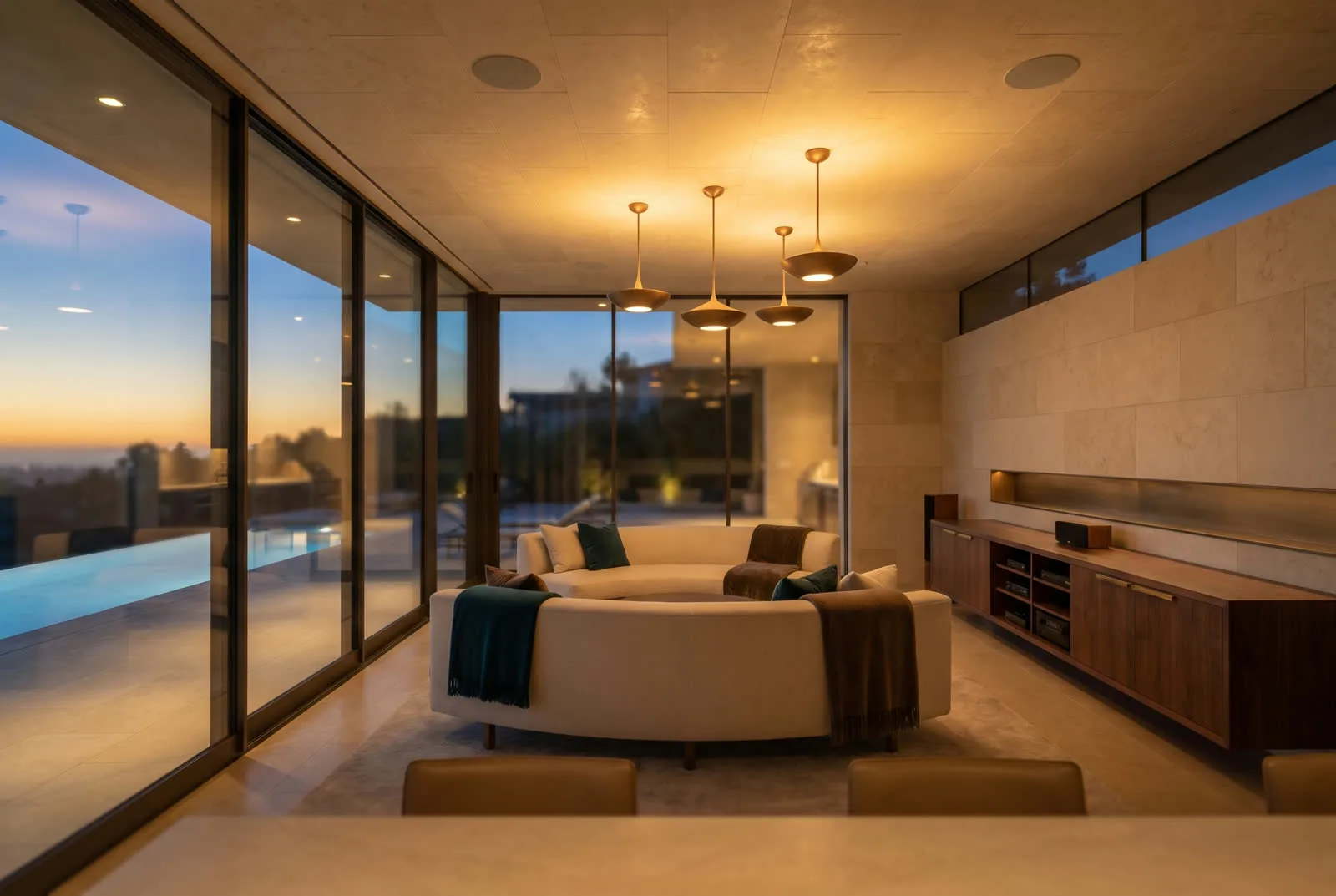 Modernist luxury living room with discreet in-ceiling speakers