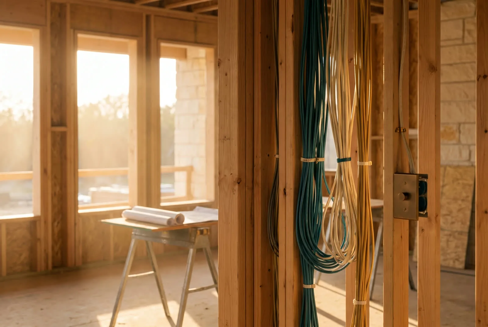 Luxury home construction site with pre-pull cable runs labeled along studs