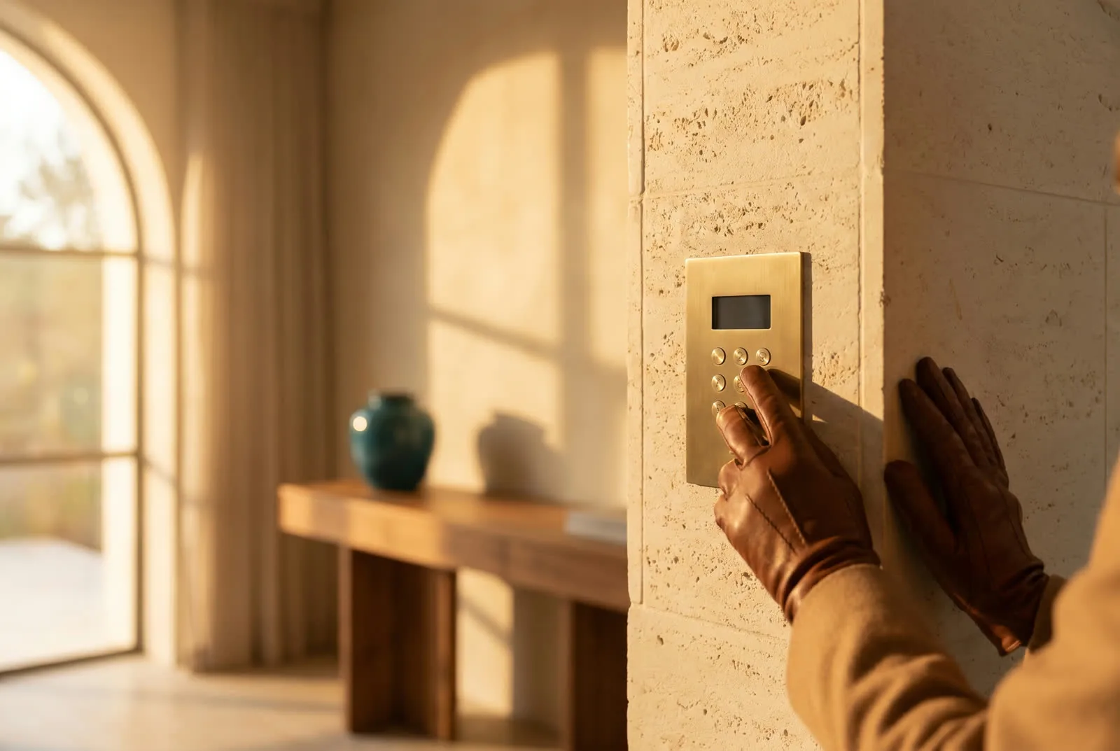 Detail shot of a brass keypad being installed in a cream limestone wall