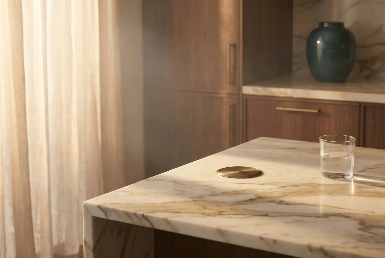 Modernist kitchen counter with a flush Josh.AI voice microphone