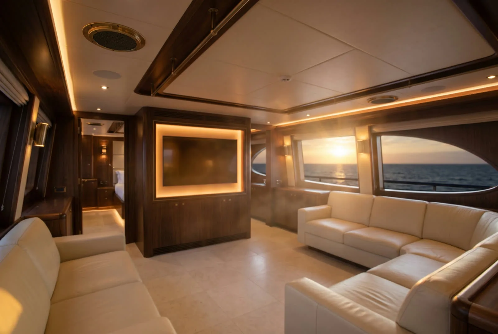 Superyacht main salon with a large display and warm dusk light