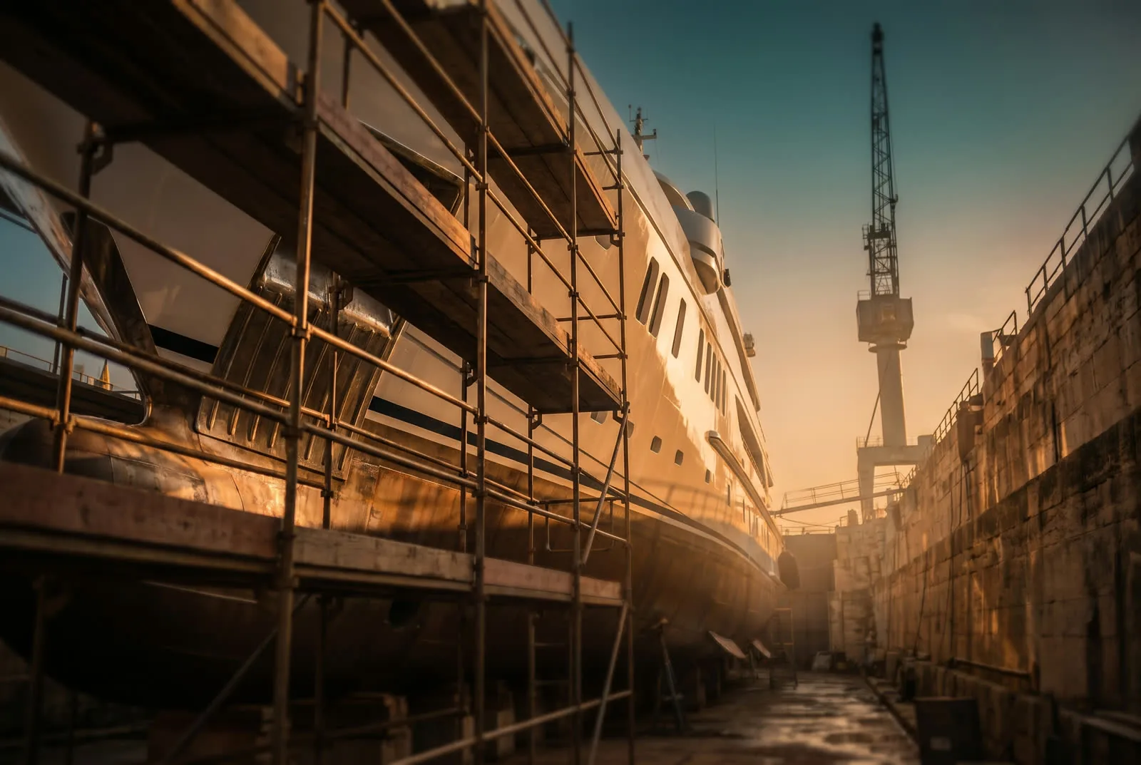 Superyacht in dry dock with scaffolding at golden hour